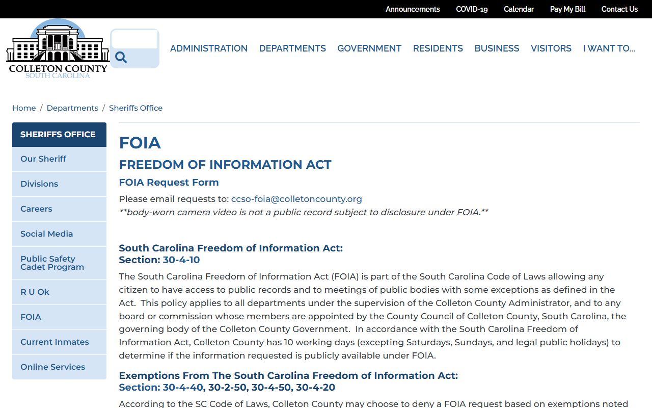 Colleton County arrest records and court charges sheriff FOIA requests