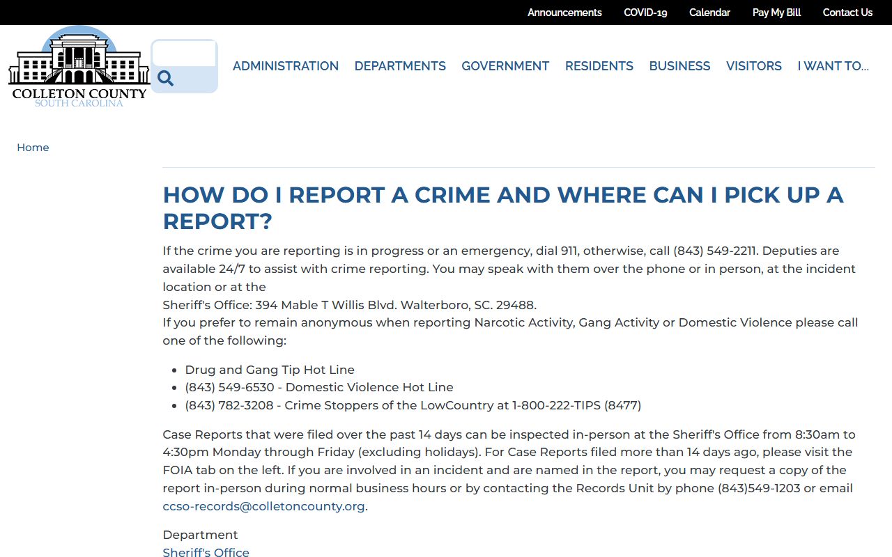 Colleton County arrest records and court charges sheriff incident report FAQ
