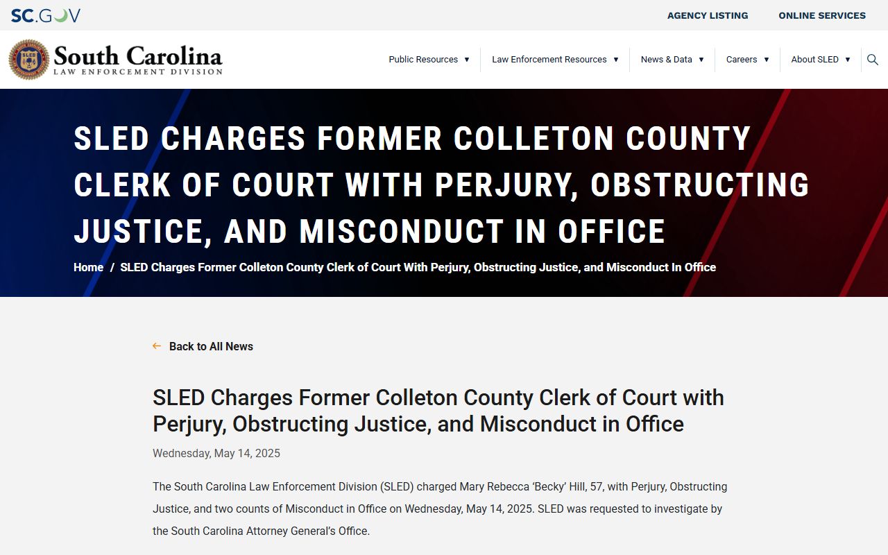 Colleton County Clerk of Court records SLED release