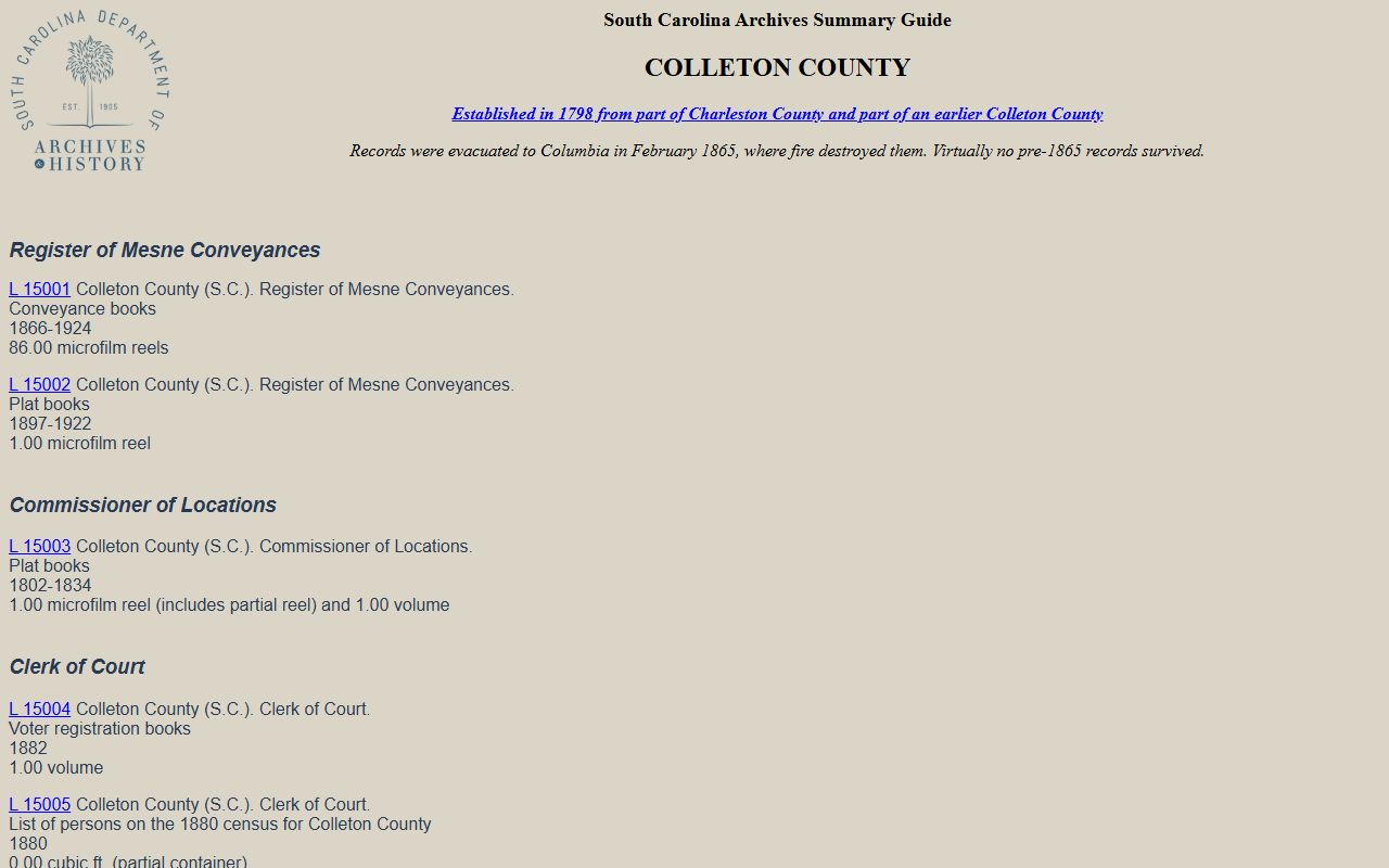 Colleton County Clerk of Court historic records guide