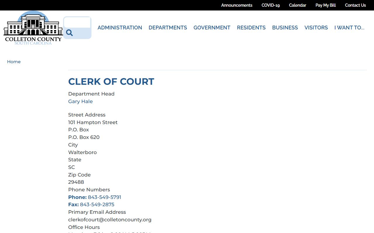 Colleton County court dockets Clerk of Court department listing