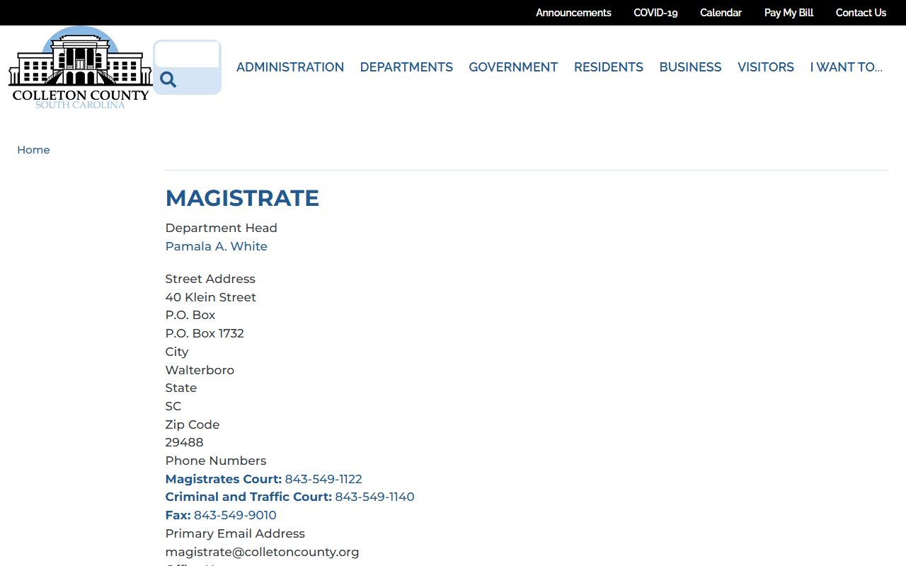 Colleton County court dockets Magistrate Court department listing