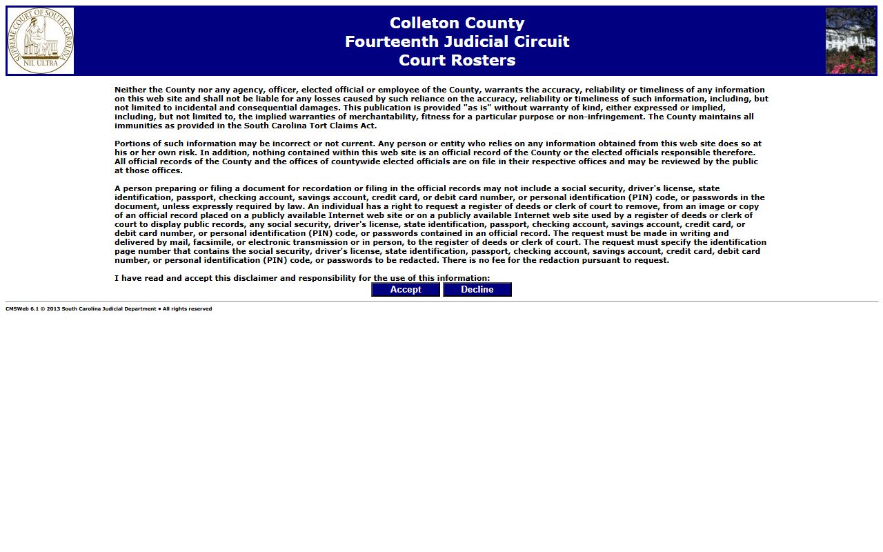 Colleton County court rosters for court records