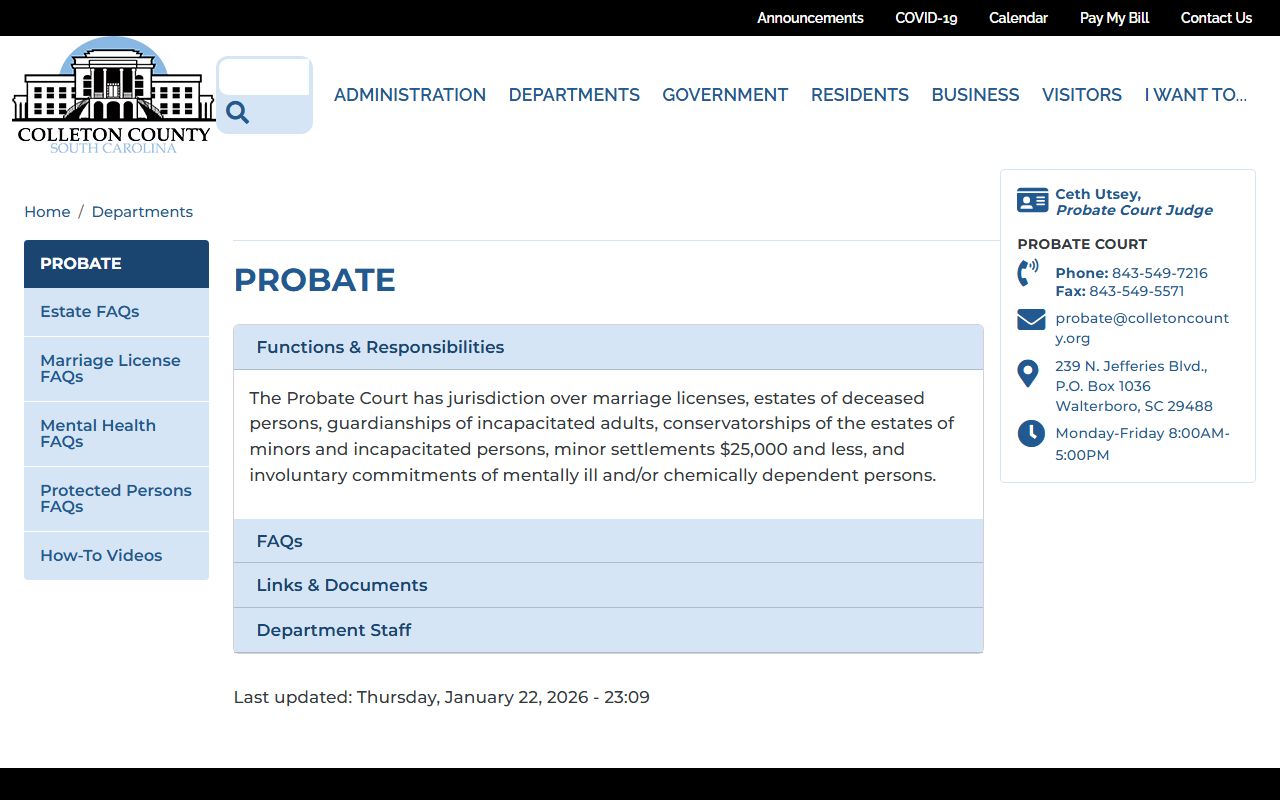 Colleton County probate court records and marriage records