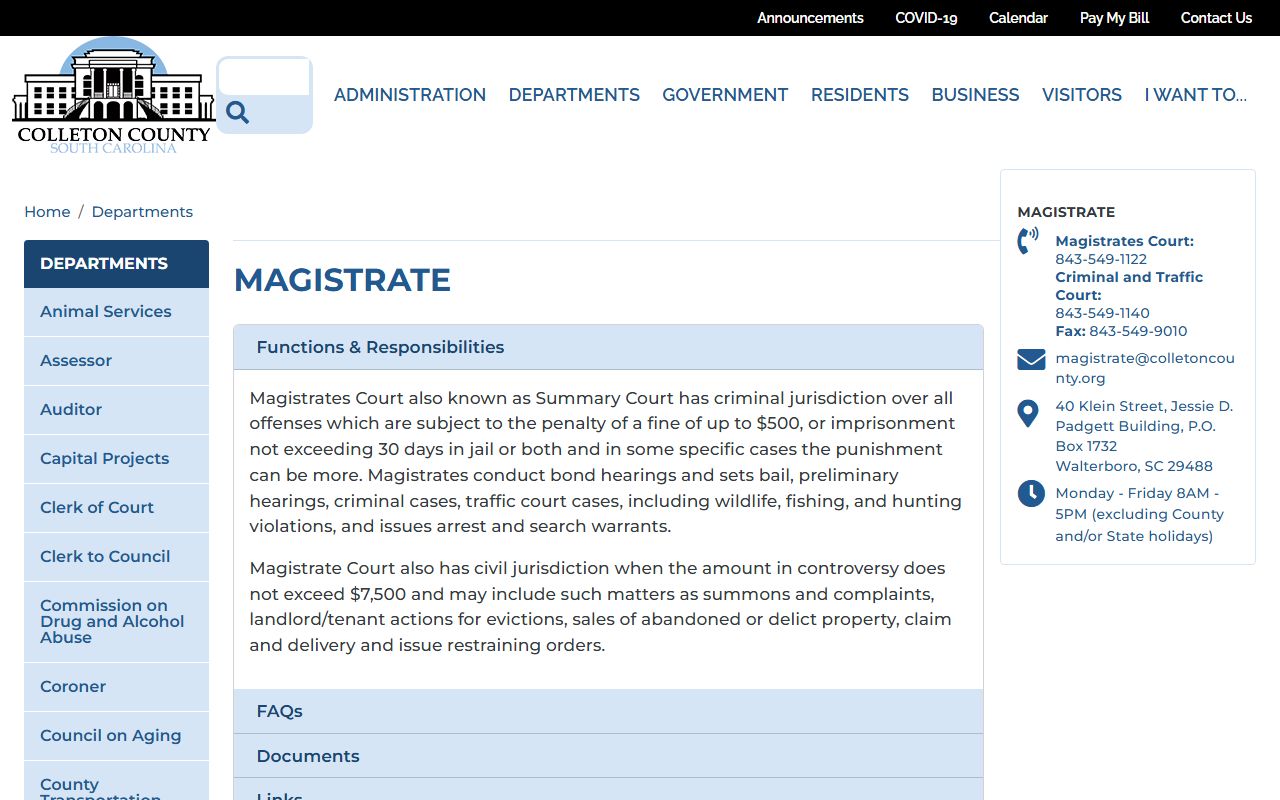 Colleton County traffic court records Magistrate Court