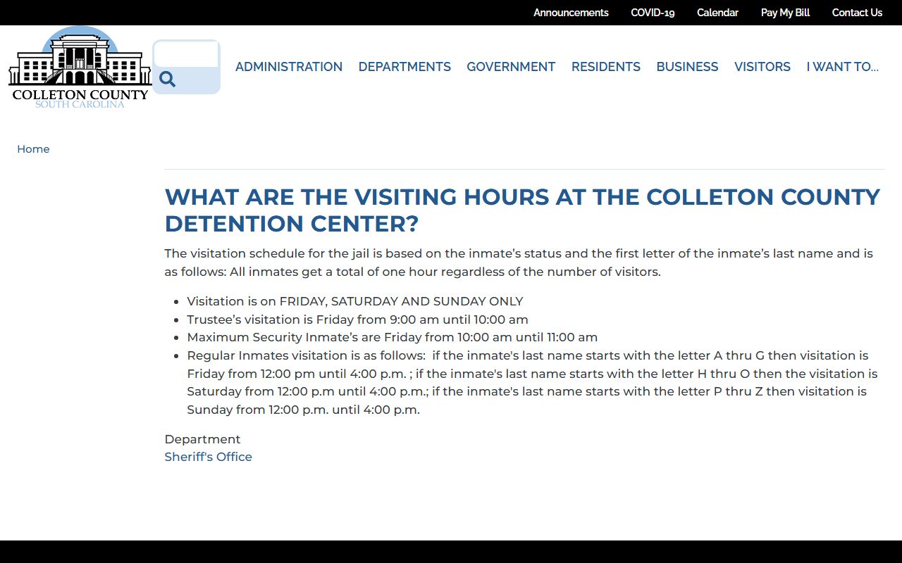 Colleton County inmate records detention visitation schedule