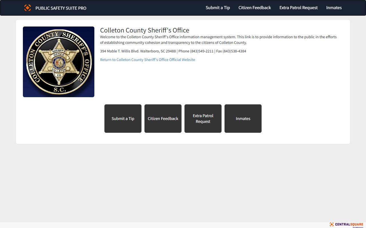 Colleton County inmate records Public Safety Suite Pro portal