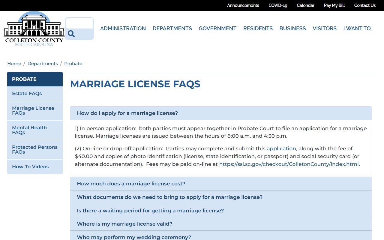 Colleton County marriage divorce records Probate marriage license FAQ