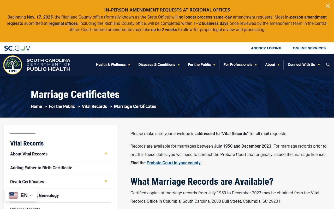 Colleton County marriage divorce records SCDPH marriage certificates