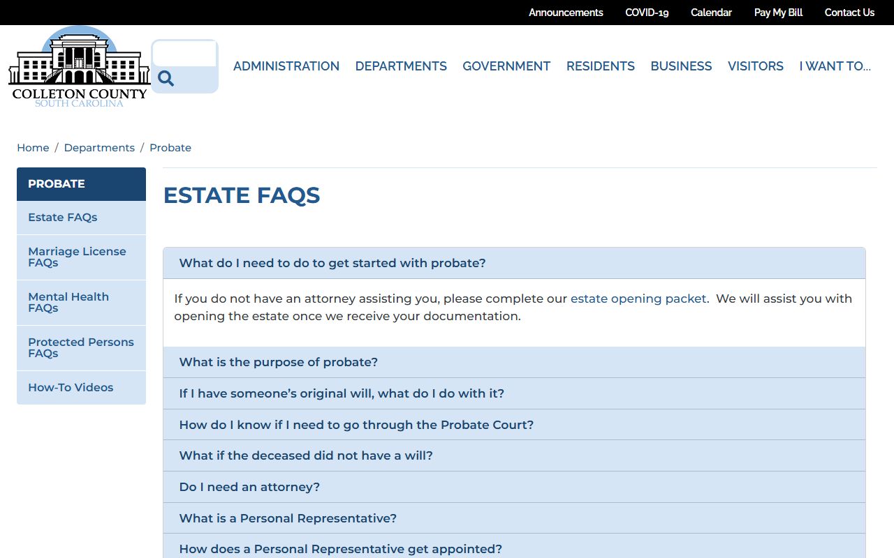 Colleton County probate records estate FAQ
