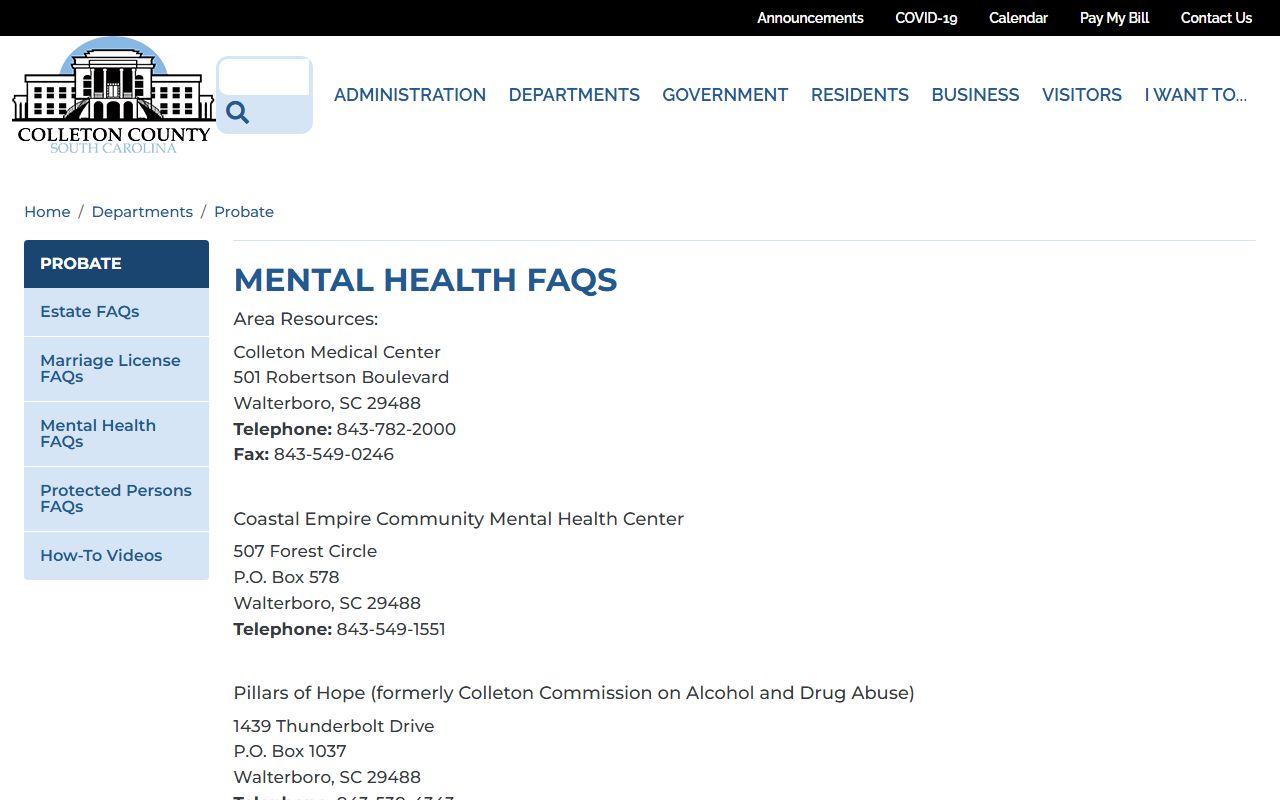 Colleton County probate records mental health commitment FAQ