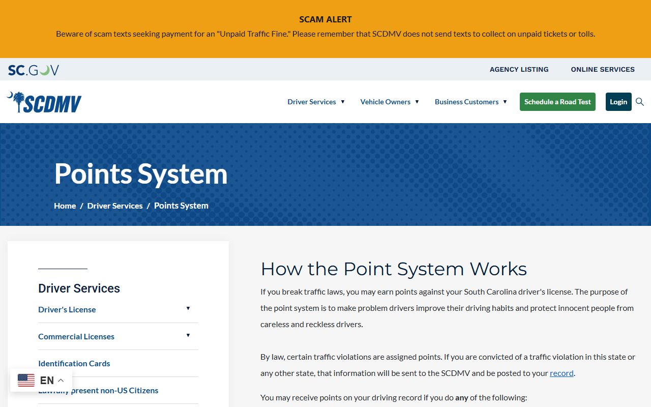 Colleton County traffic court records SCDMV points system