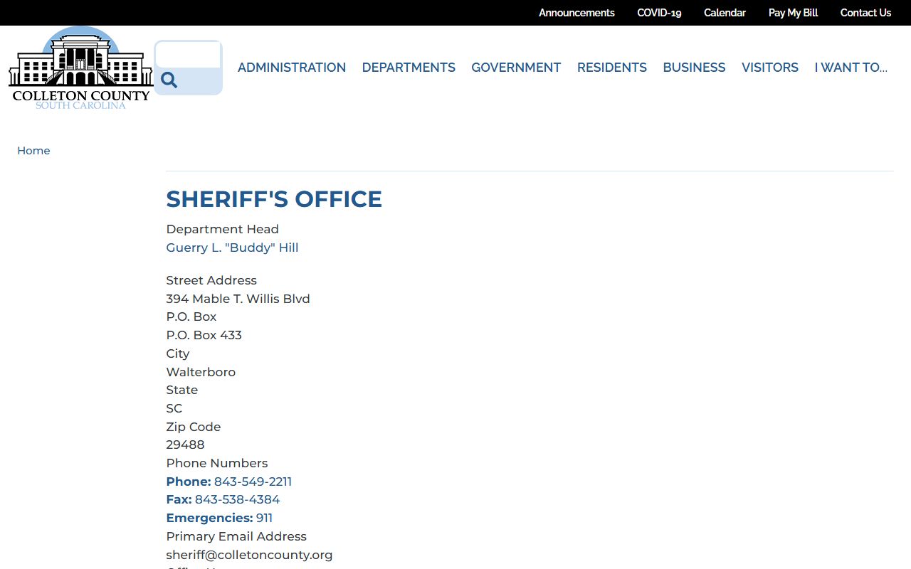 Colleton County warrant records Sheriff's Office department listing